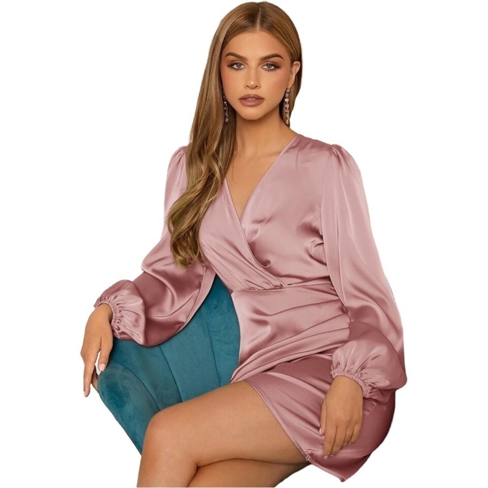 Dusty Pink Long Sleeve Belle Surplice Neck Lantern Sleeve Wrap Dress - Picture 5 of 8